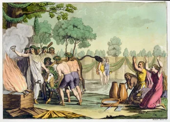 Celtas antigos ou gauleses que sacrificam uma vaca, c.1800-18